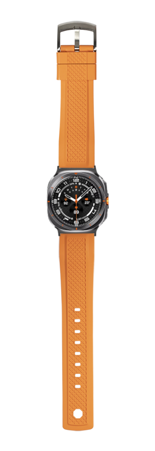 Orange GridLock FKM rubber watch band for Galaxy Watch 8 Ultra with textured pattern and gray hardware clasp