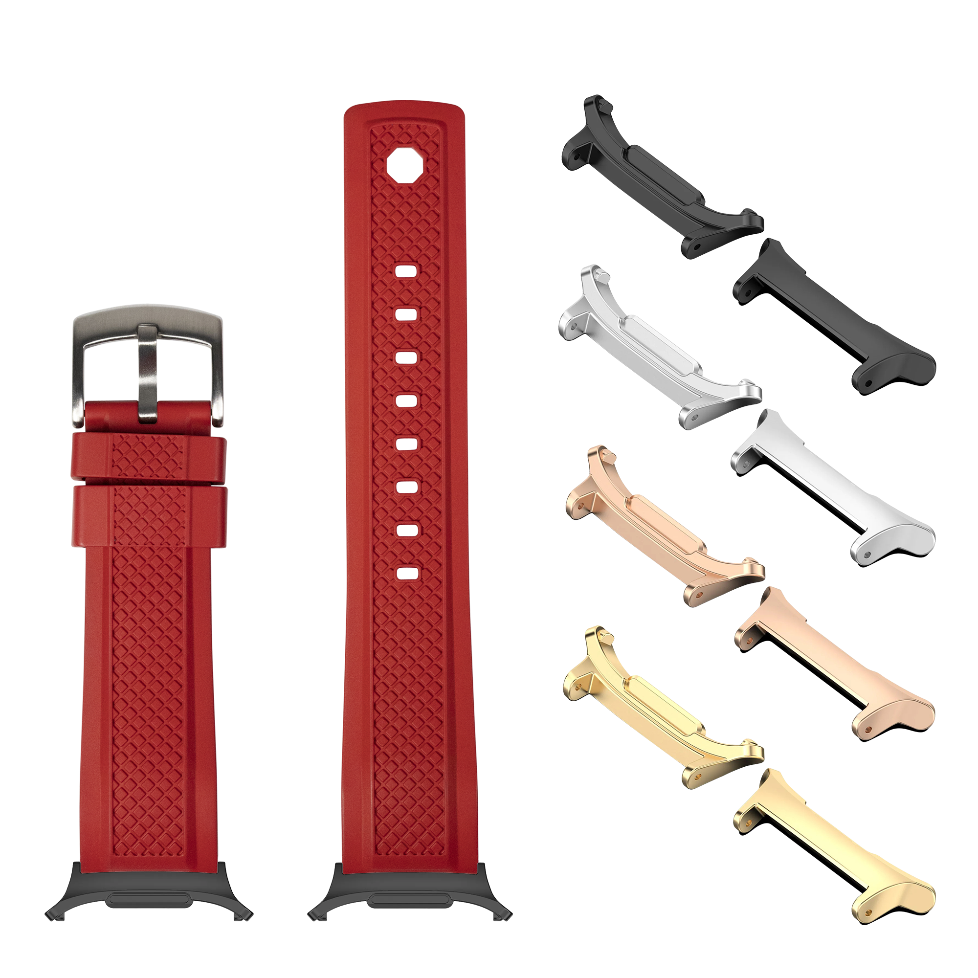 Red GridLock FKM rubber watch band with multiple metal lugs in black, silver, rose gold, and gold finishes for Galaxy Watch 8 Ultra
