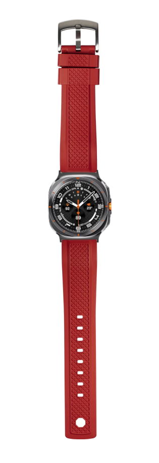 Red FKM rubber GridLock watch band with gunmetal case and black dial featuring orange accents
