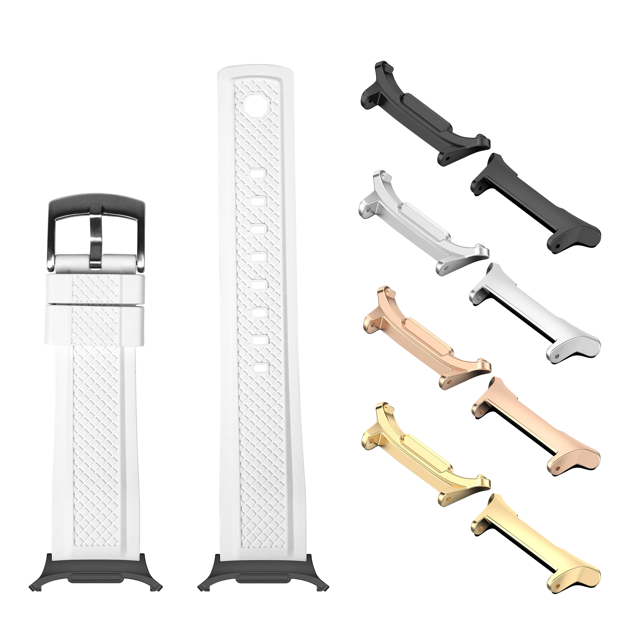 White rubber watch band with quilted texture, stainless steel buckle, and interchangeable metal lugs in black, silver, rose gold, and gold finishes