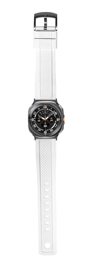 GridLock white FKM rubber watch strap with black dial face and orange accents for Galaxy Watch 8 Ultra smartwatch