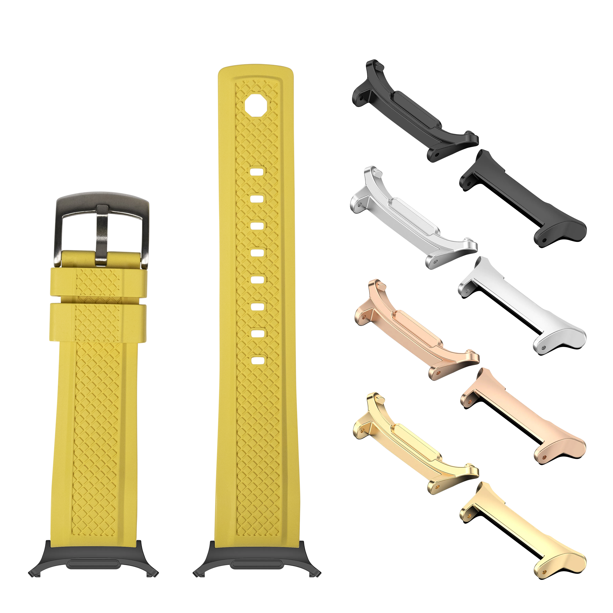 Yellow GridLock FKM rubber watch band with multiple metal lugs in various finishes including black, silver, rose gold, and gold
