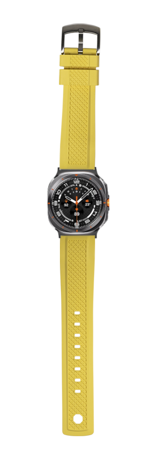 Yellow FKM rubber smartwatch band with gunmetal case and black dial, featuring GridLock design and adjustable strap