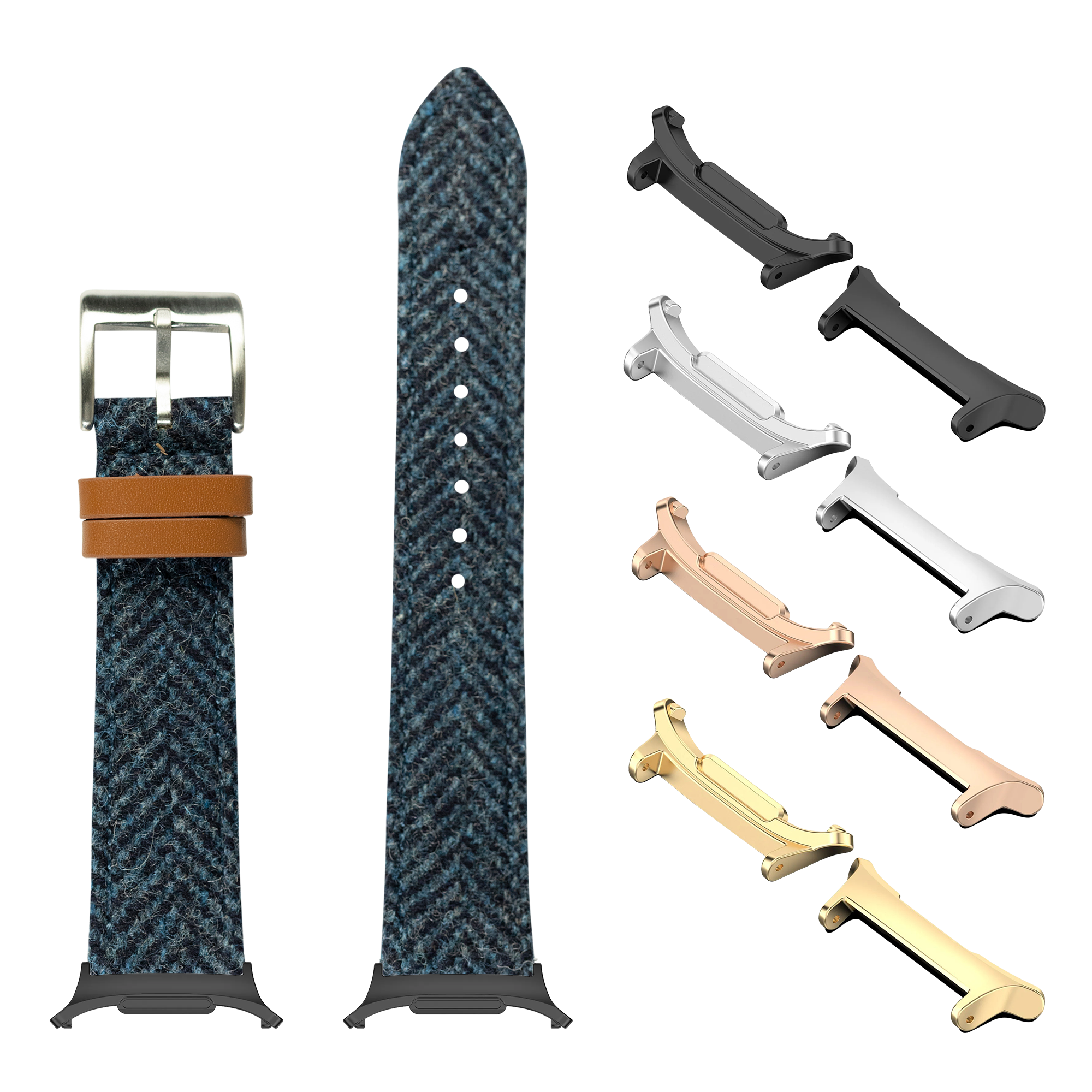 Harris Tweed herringbone blue watch band with interchangeable metal lugs in silver, black, gold, and rose gold finishes