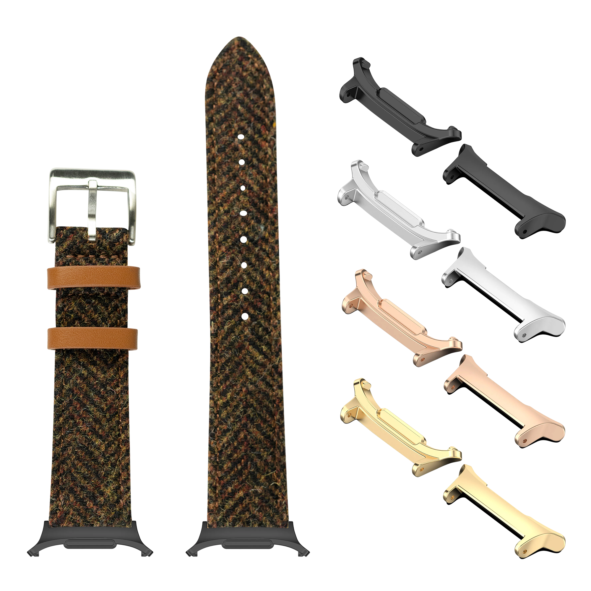 Harris Tweed herringbone brown watch band with interchangeable metal lugs in gold, silver, rose gold and black finishes for Galaxy Watch 8 Ultra