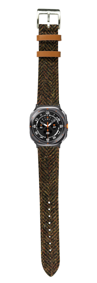 Men's smartwatch with gunmetal case and brown Harris Tweed herringbone fabric band with tan leather accents