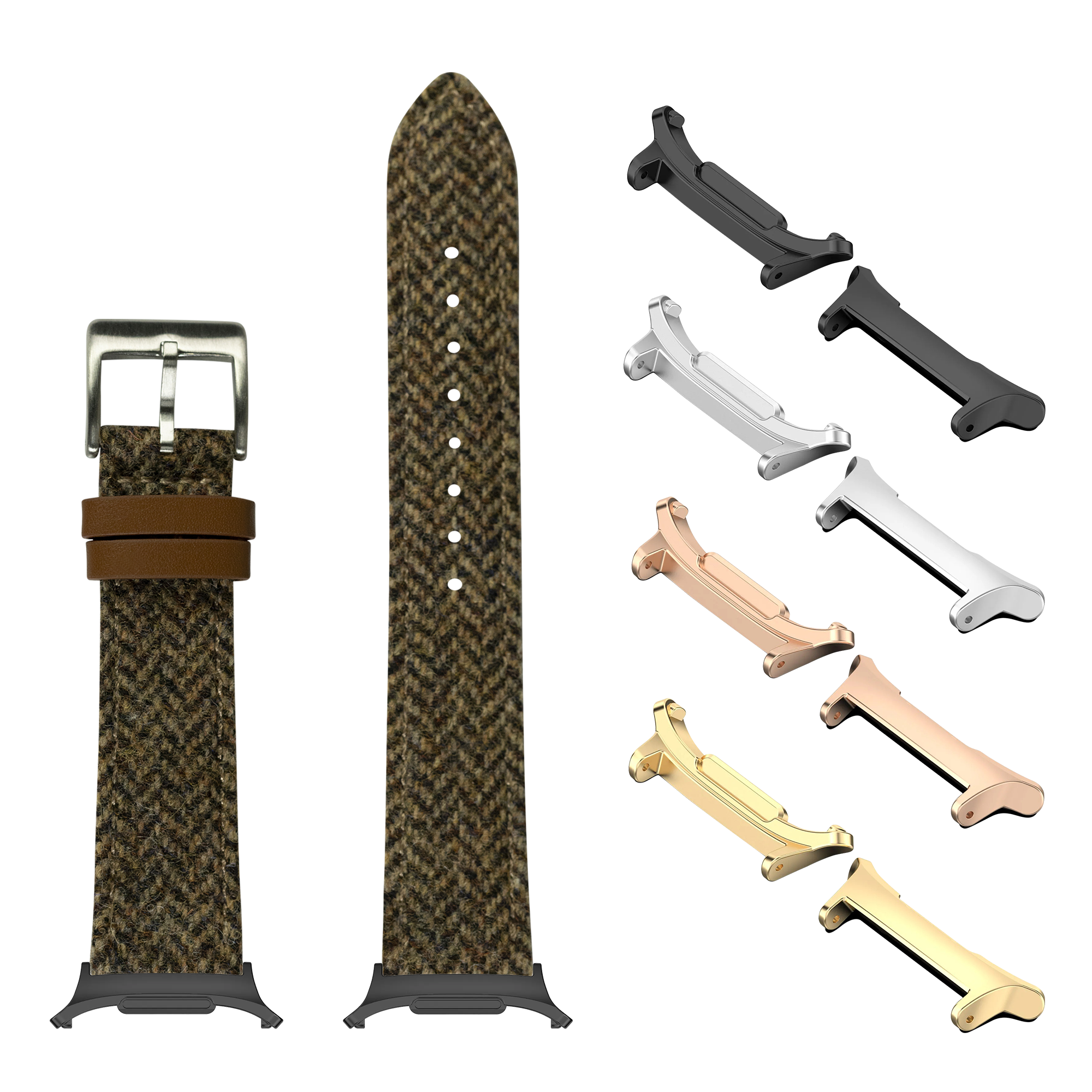 Harris Tweed herringbone dark brown smart watch band with interchangeable metal buckles in silver, black, rose gold, and gold finishes