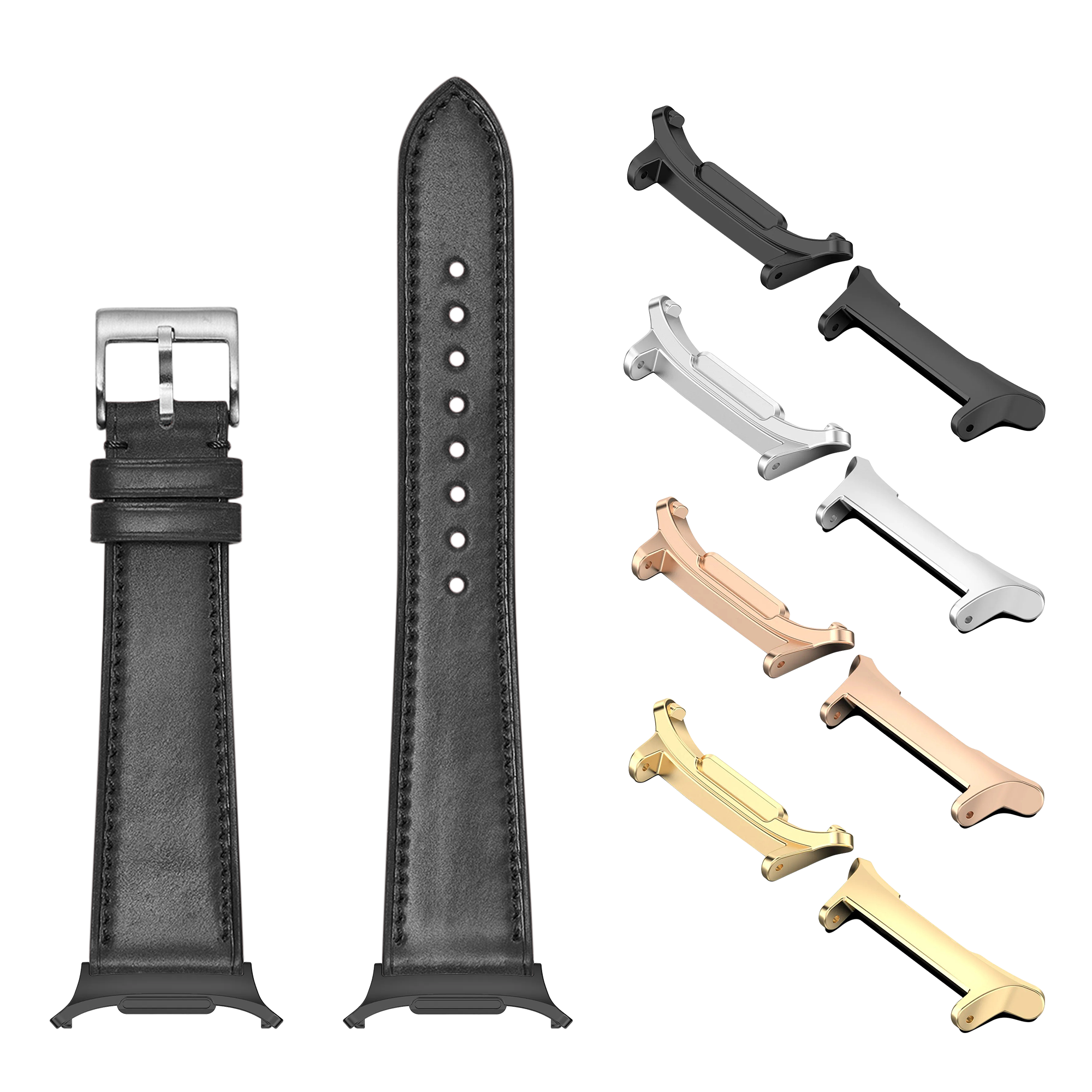 Black leather watch band with silver buckle and interchangeable metal lugs in gold, rose gold, silver, and black finishes