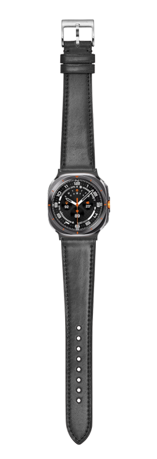 Black leather watch with gunmetal case and orange accents, Horween Shell Cordovan strap, digital display on white background