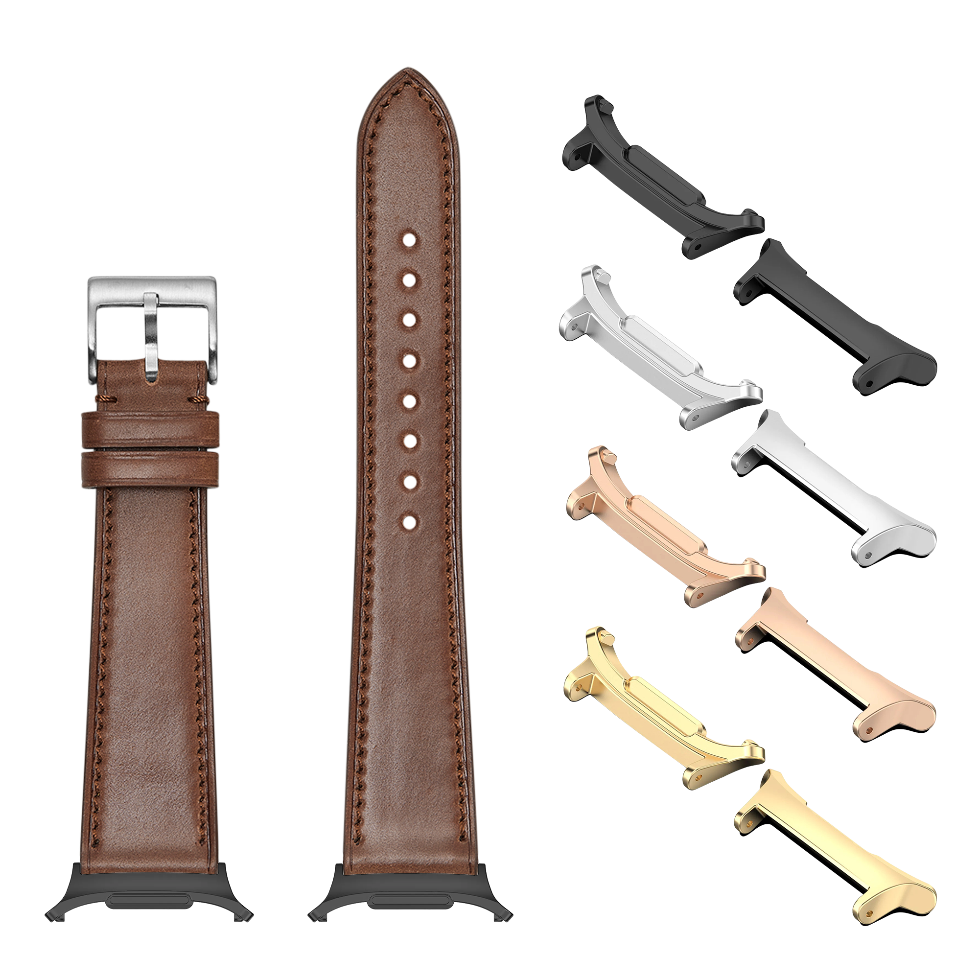 Brown leather smartwatch band with silver buckle and multiple metal adapters in gold, silver, black and rose gold finishes