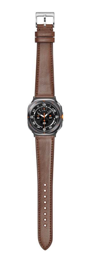 Men's smartwatch with brown leather Horween Shell Cordovan strap, black dial with orange accents and silver buckle