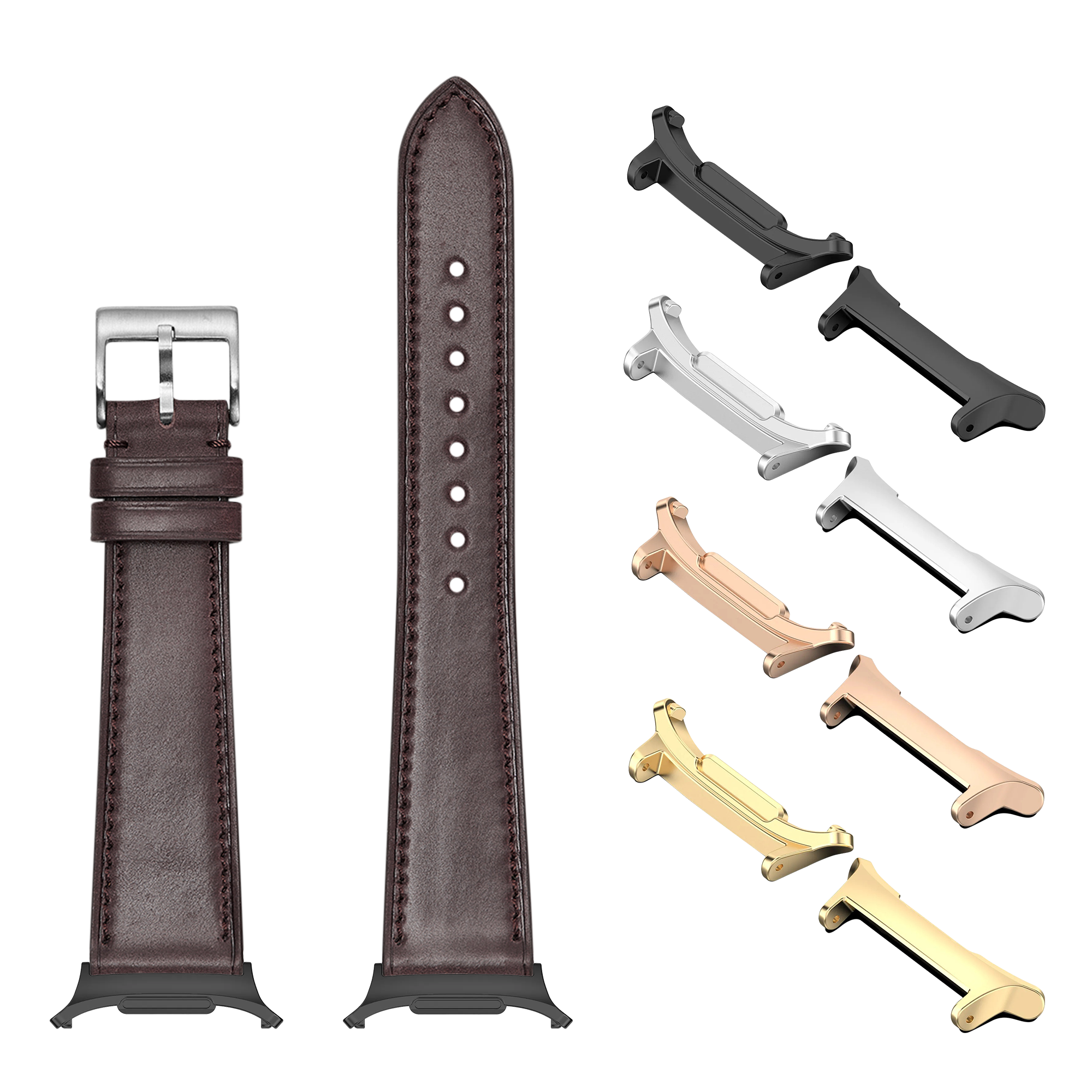 Brown leather watch band with silver buckle and interchangeable metal lugs in multiple finishes including black, silver, rose gold, and gold