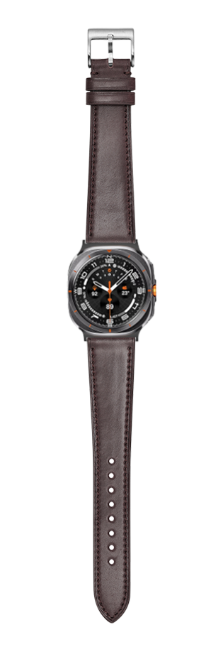 Dark brown leather watch strap with gunmetal case and black dial featuring orange accents and compass bezel