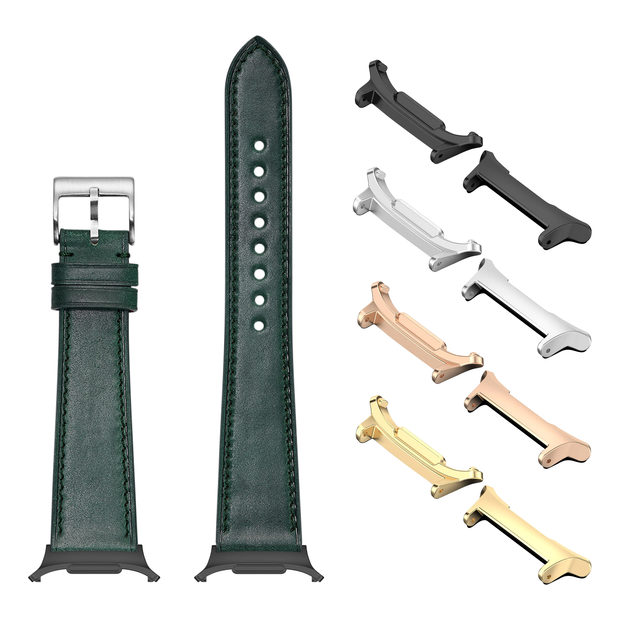 Green leather watch band and interchangeable metal lugs in multiple finishes for smartwatch customization