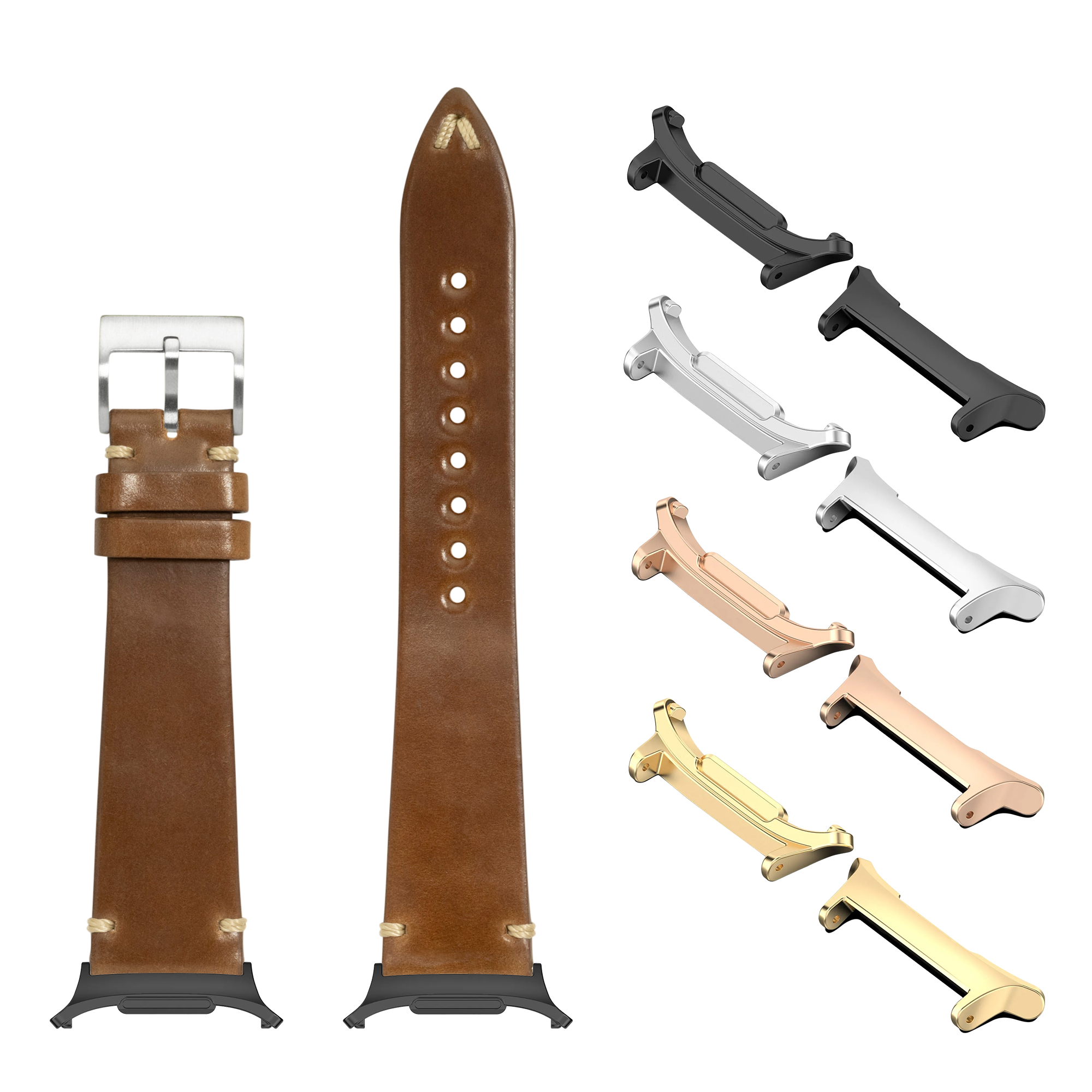 Brown leather watch band with silver buckle, multiple metal lugs in gold, silver, rose gold and black finishes