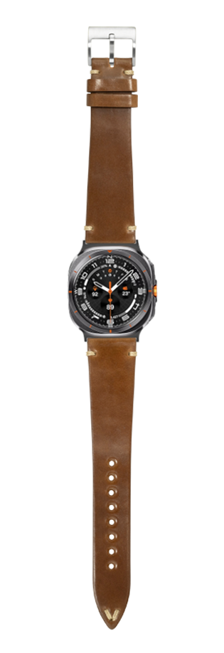 Vintage bourbon leather watch band with metal buckle and stud detailing, full length display