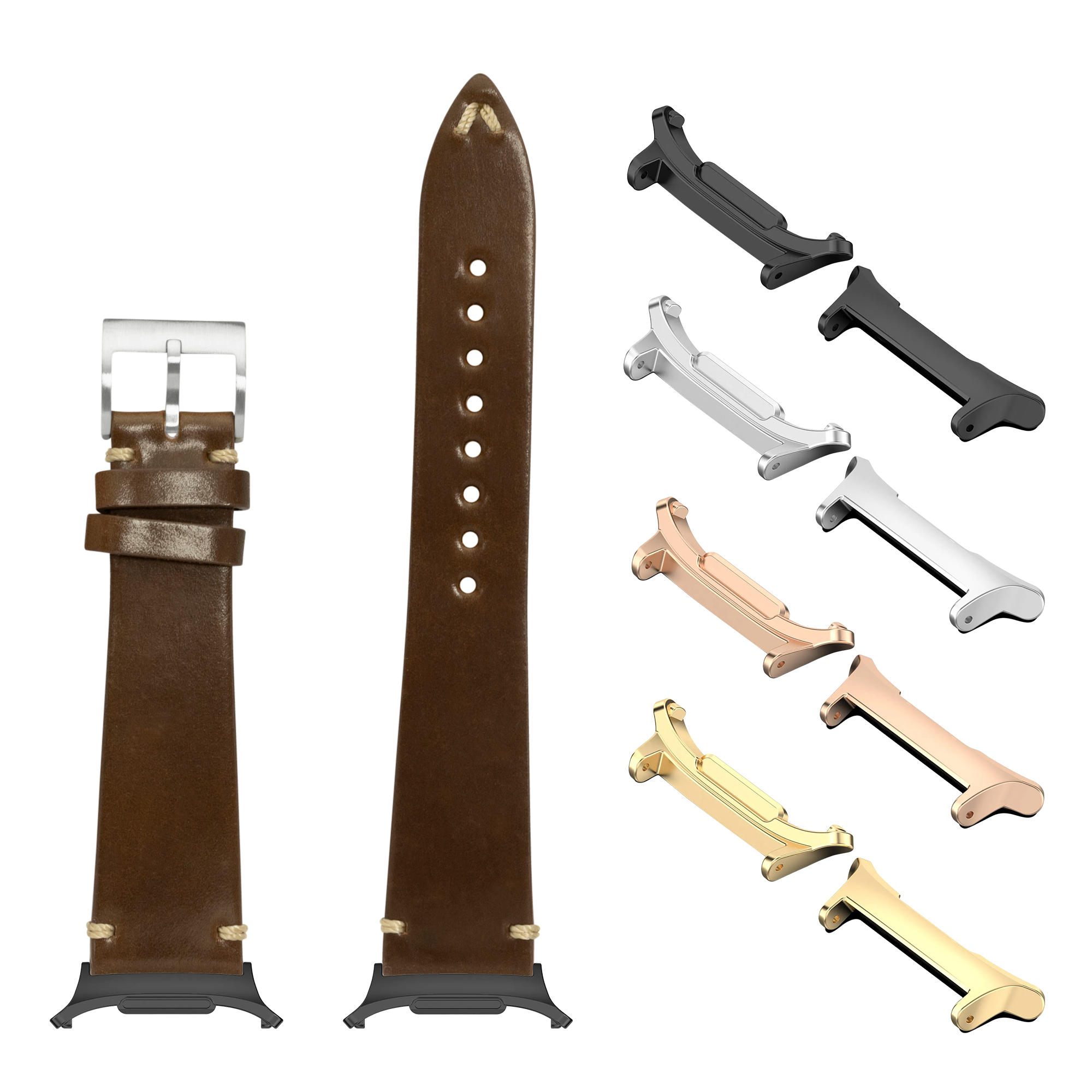 Brown leather watch band with interchangeable metal lugs in silver, gold, rose gold and black finishes