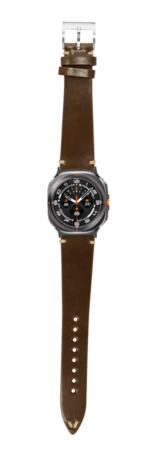 Vintage brandy Horween Shell Cordovan leather watch band for Galaxy Watch 8 Ultra with silver buckle and studs