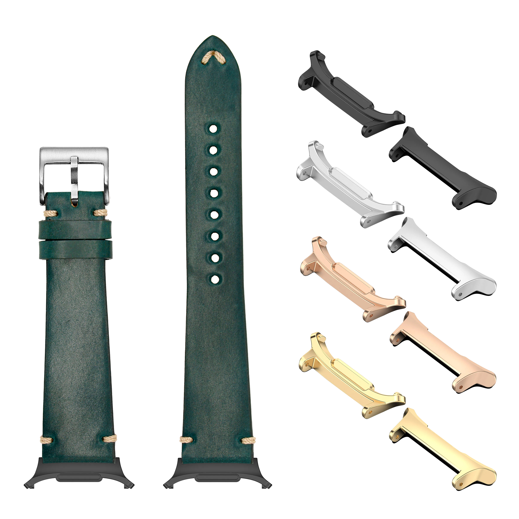 Green Horween Shell Cordovan vintage watch band with silver buckle, shown with interchangeable lugs in black, silver, rose gold, and gold finishes