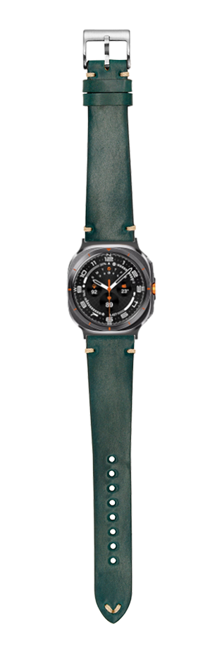 Men's smartwatch with black dial and orange accents on green leather Horween Shell Cordovan strap with metal buckle