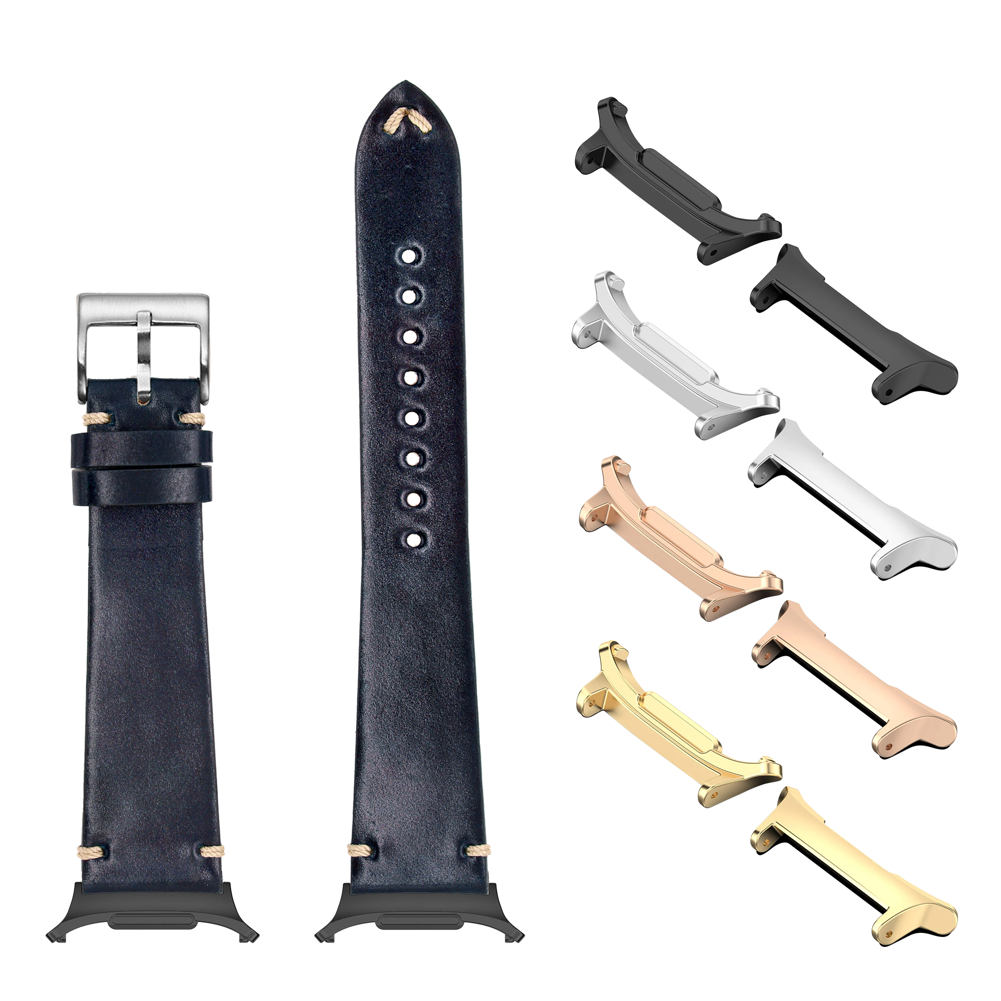 Navy blue Horween Shell Cordovan watch band with interchangeable metal lugs in gold, rose gold, silver and black finishes for Galaxy Watch