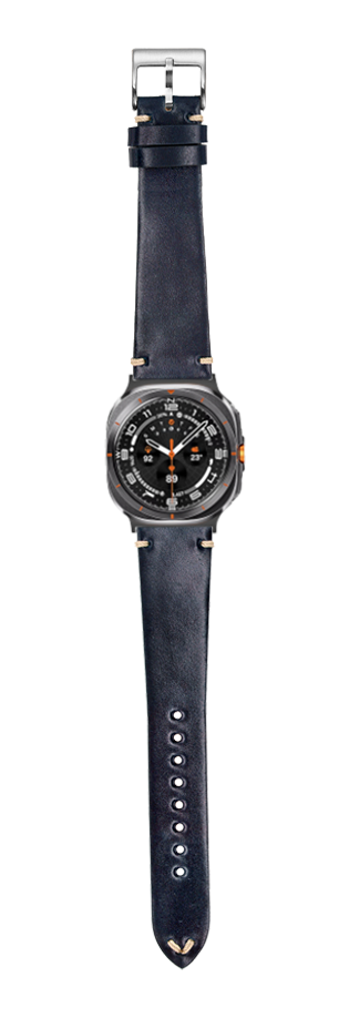 Men's smartwatch with dark navy leather band and black dial featuring orange accents and chronograph subdials