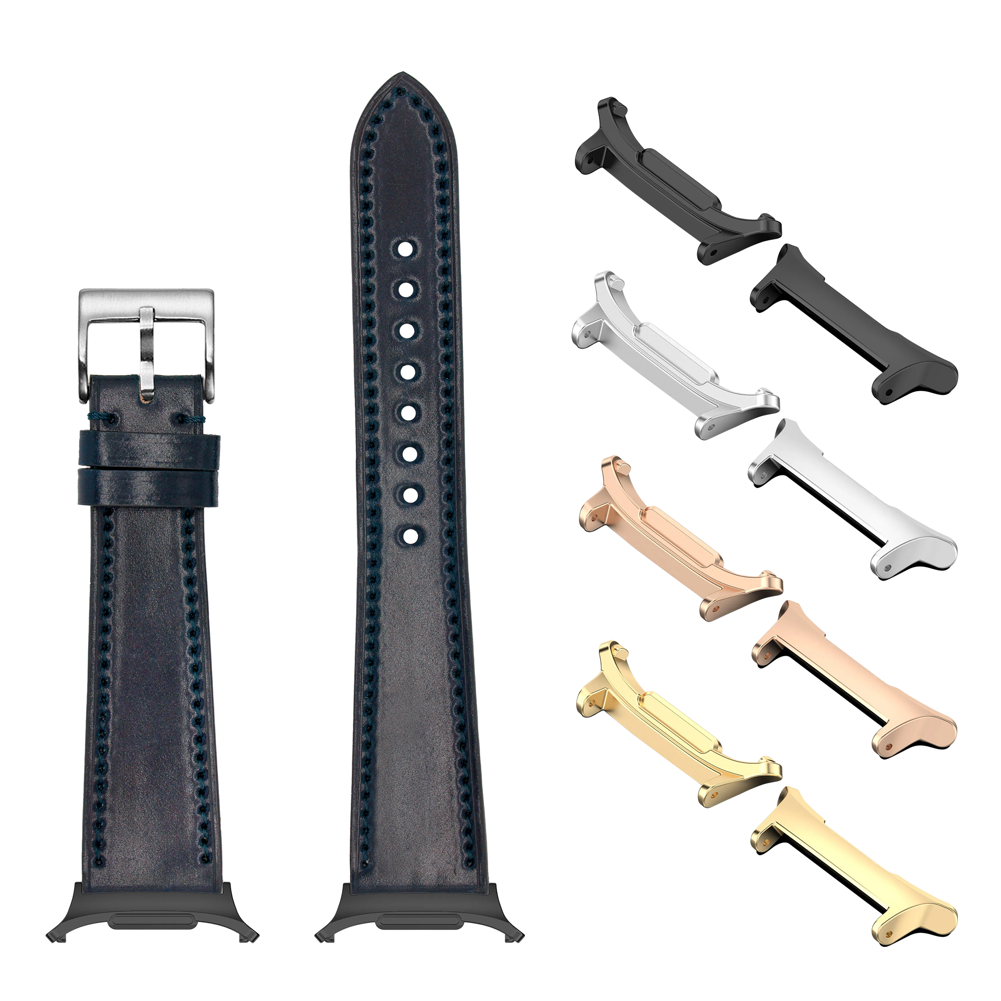 Galaxy Watch band and connector set with navy leather strap, metal buckle, and multicolor stainless steel adapters