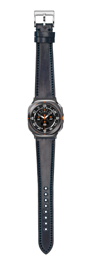 Navy blue leather watch band with metal buckle and black sport watch with orange accents