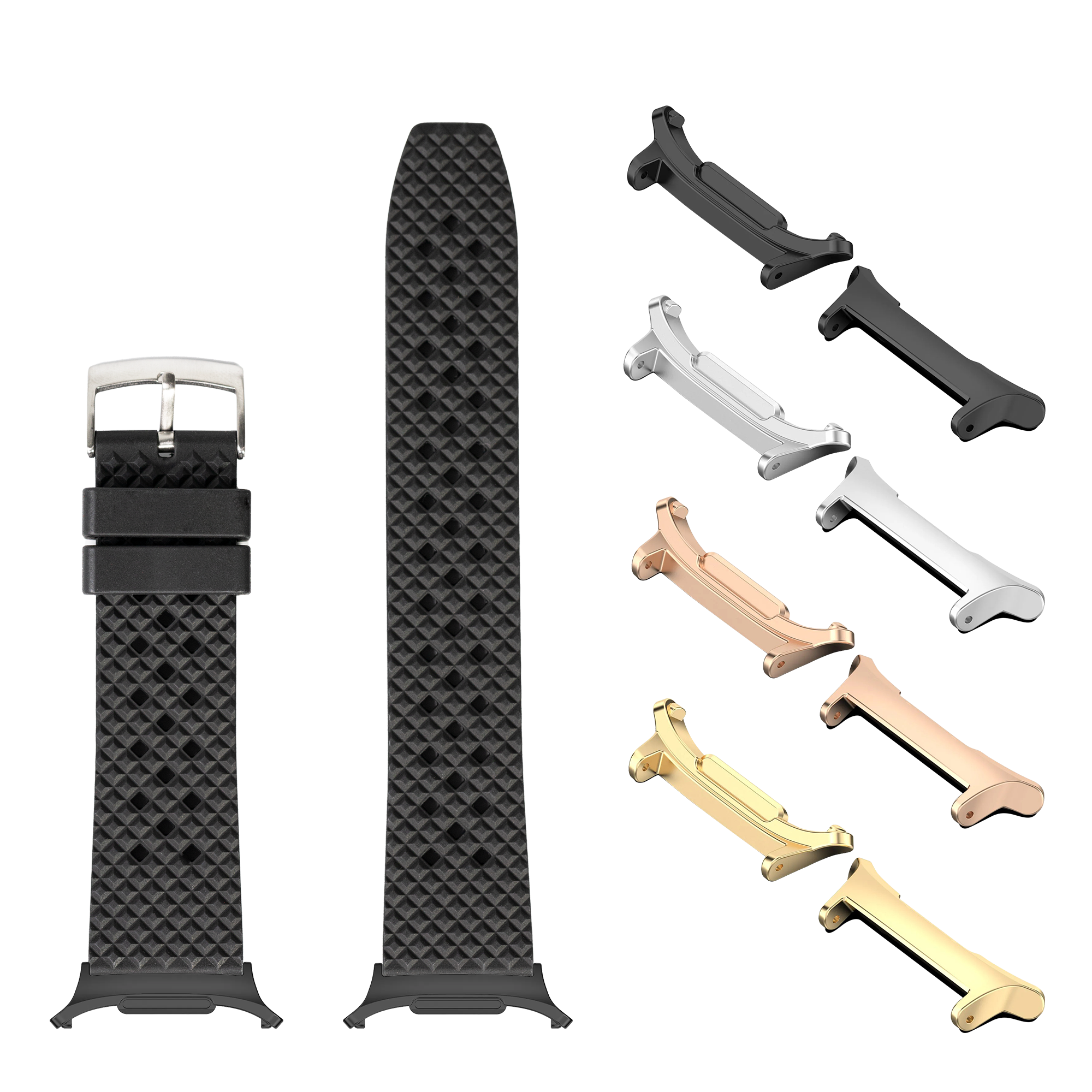 Black diamond-pattern FKM rubber watch band with interchangeable metal lugs in multiple finishes for Galaxy Watch 8 and Ultra