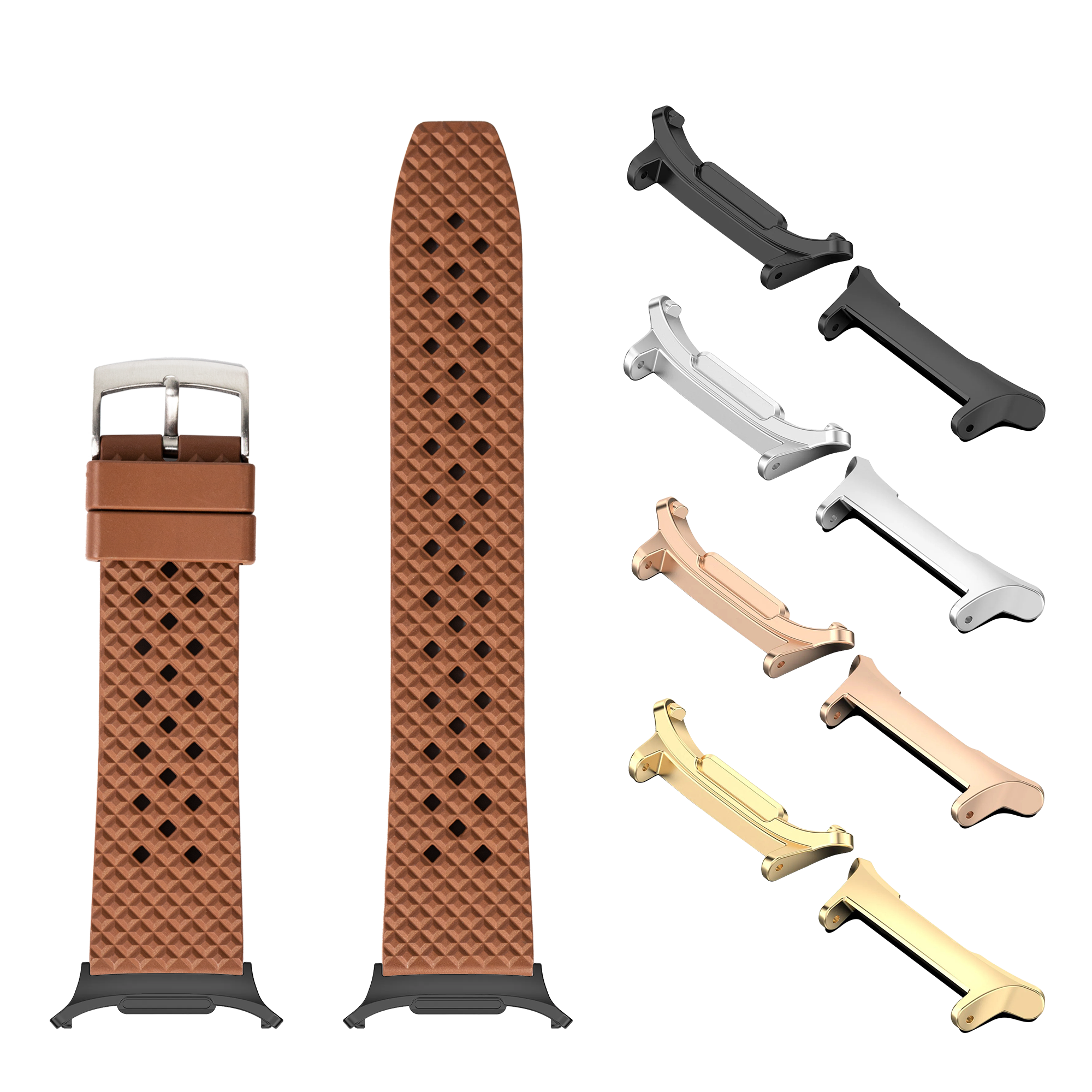 Brown quilted FKM rubber smartwatch band with interchangeable metal lugs in multiple finishes including black, silver, rose gold and gold