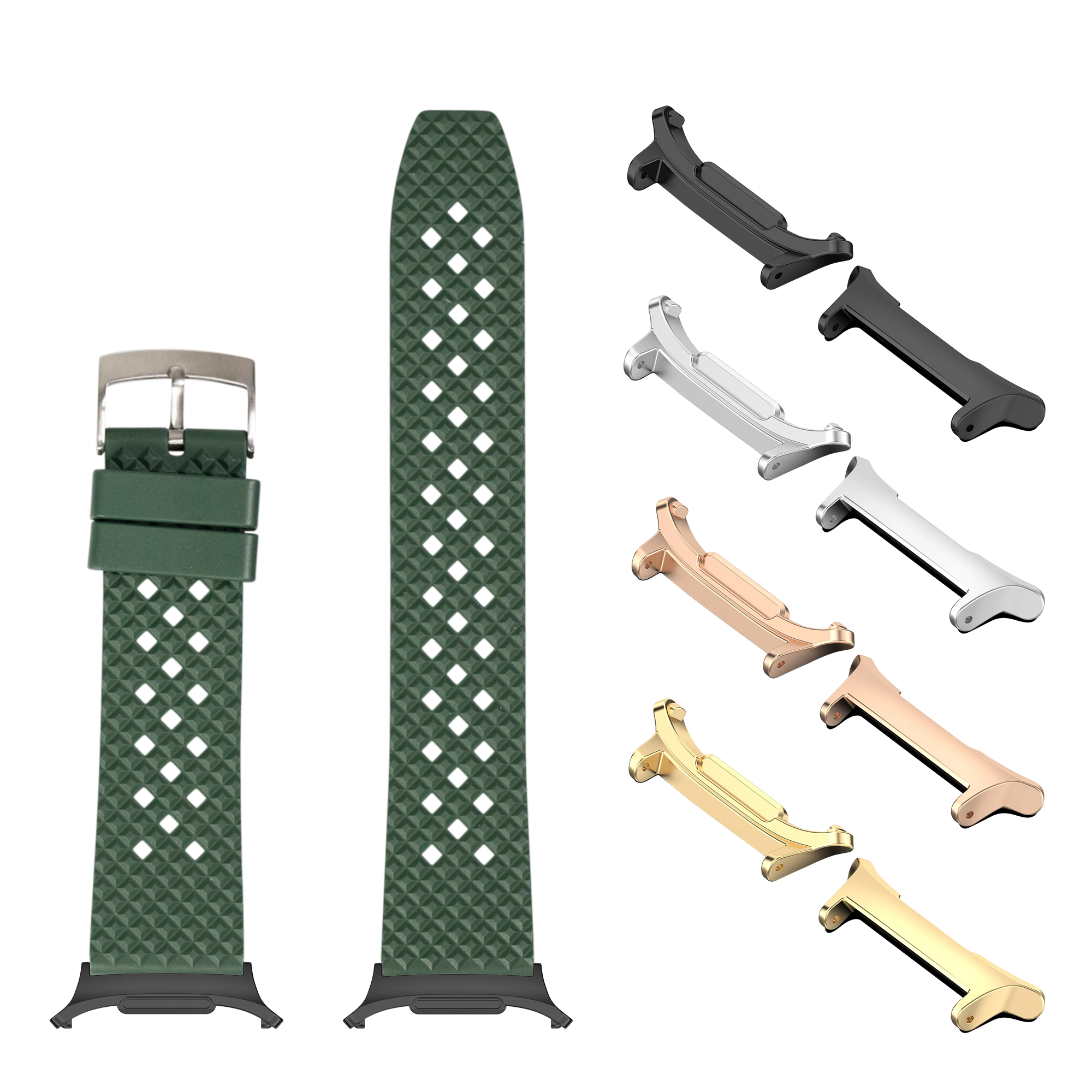 Green rubber watch band with diamond pattern, multiple metal lugs in gold silver and black, and matching green leather strap with buckle