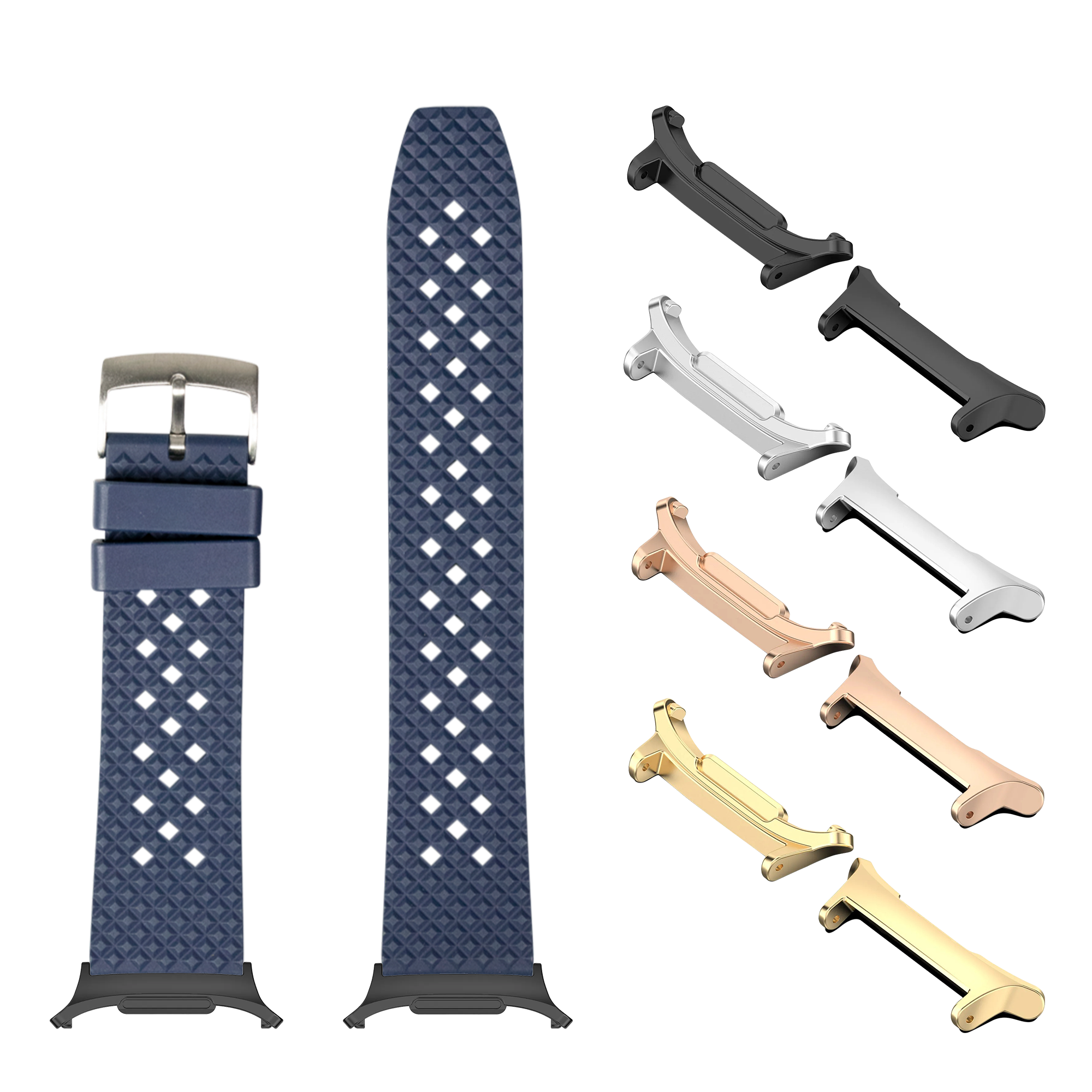 Galaxy Watch rubber band with navy blue honeycomb pattern and interchangeable metal lugs in multiple finishes