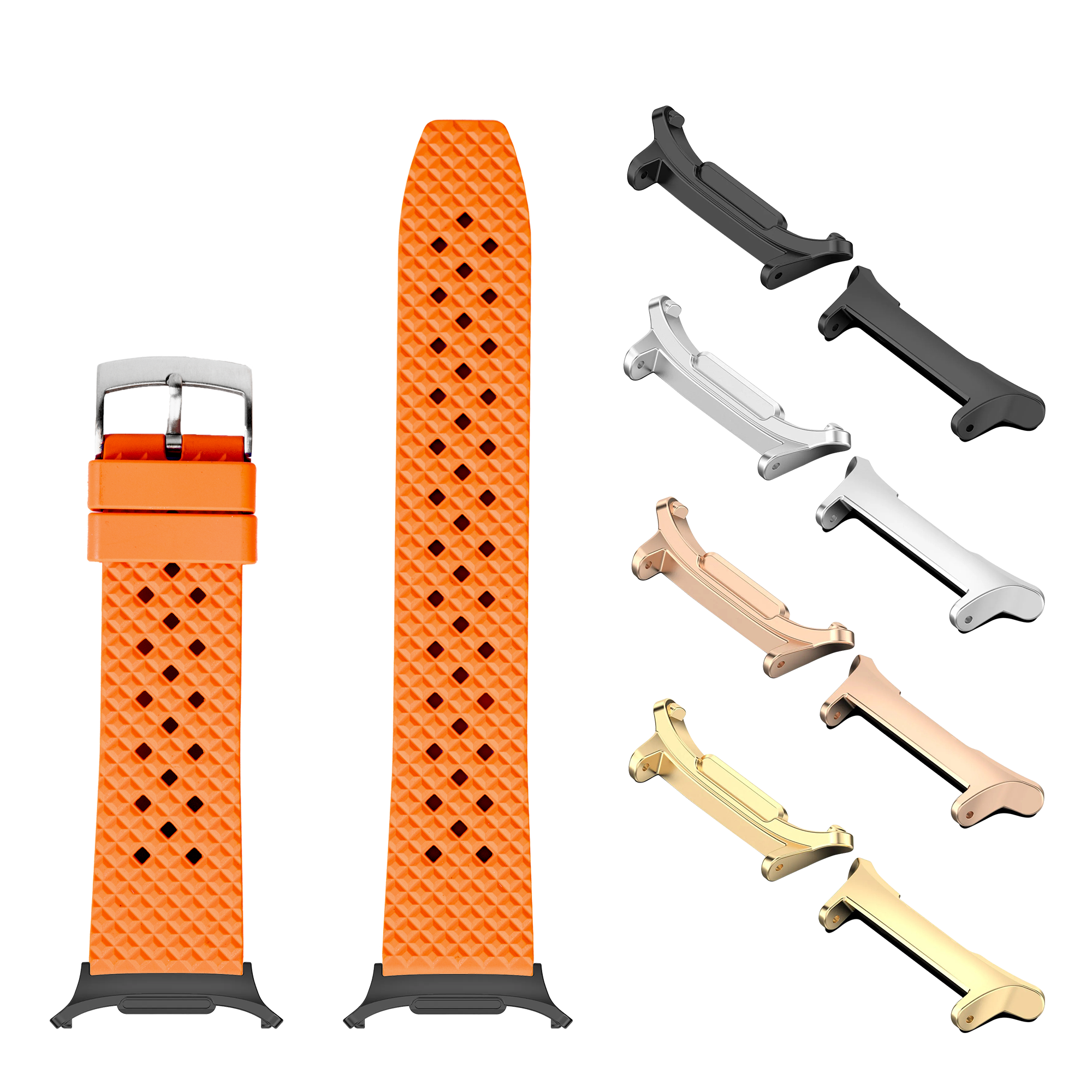 Orange quilted FKM rubber watch band with interchangeable lugs in multiple finishes including black, silver, rose gold, and gold