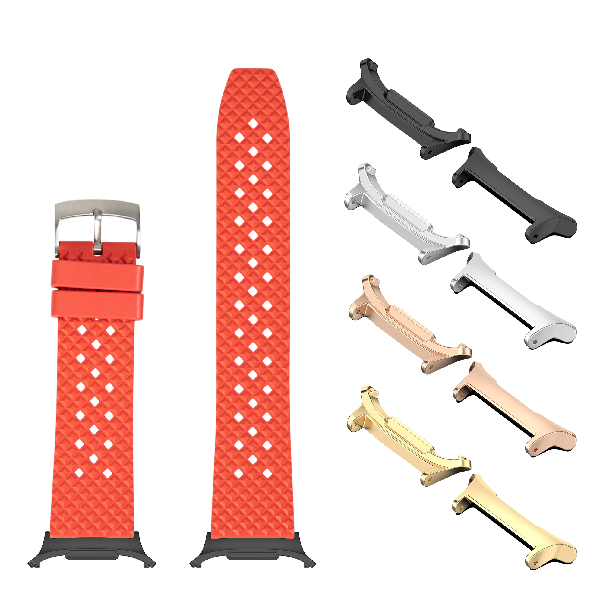 Red rubber watch strap with quilted diamond pattern, quick-release bars in multiple finishes and red leather buckle