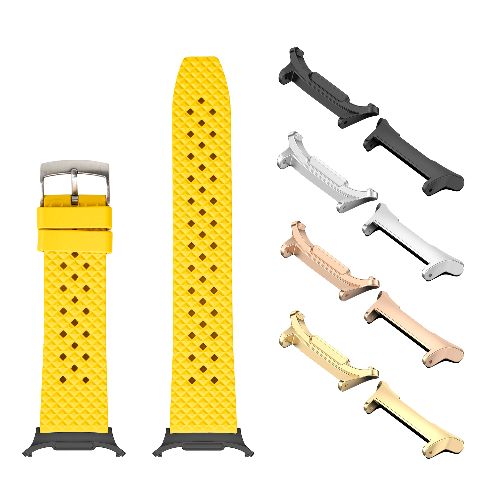 Yellow quilted FKM rubber watch band with diamond pattern, metal buckle, and multiple interchangeable lugs in black, silver, rose gold, and gold finishes