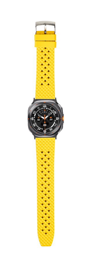 Sports watch with black dial and orange accents featuring bright yellow honeycomb FKM rubber strap