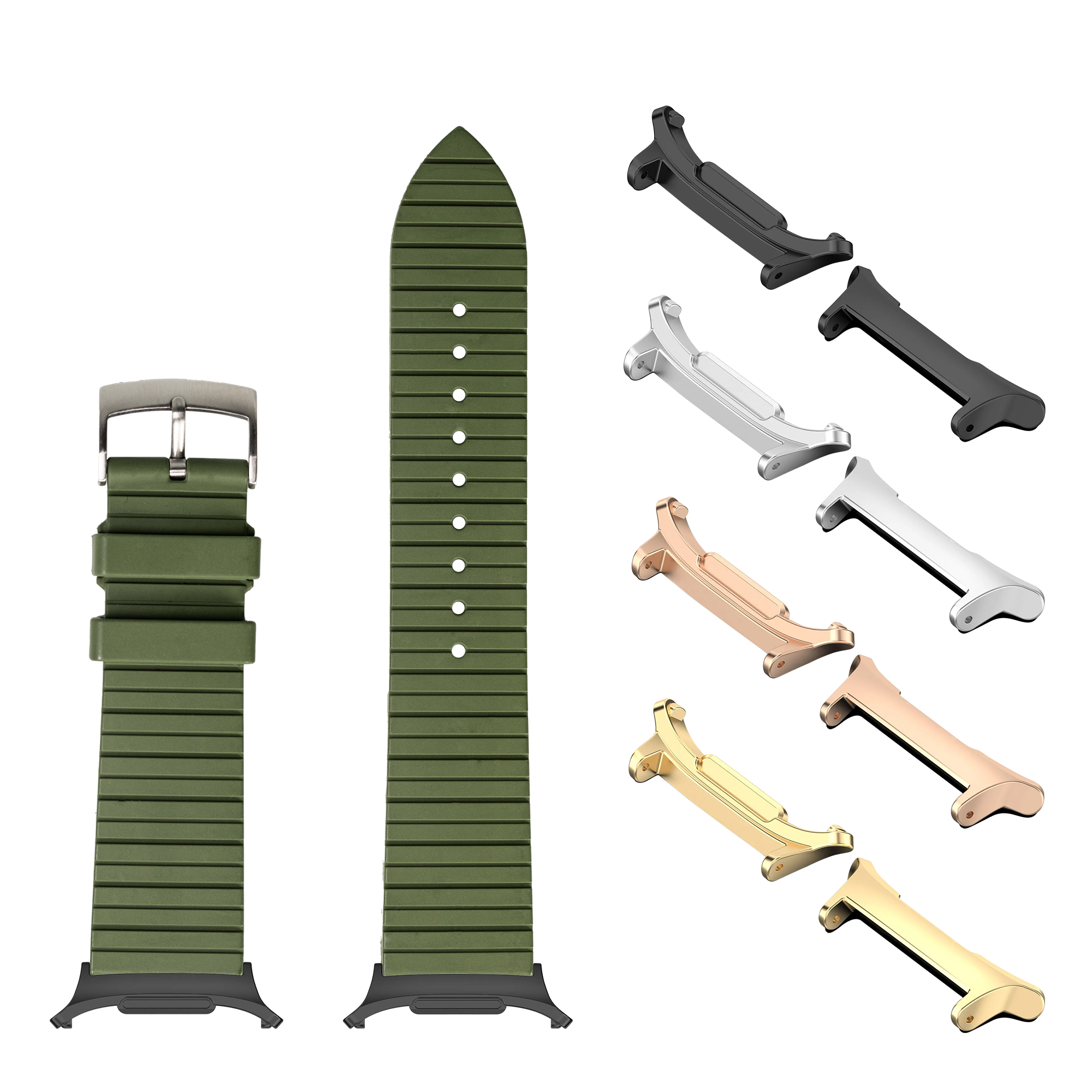 Army green FKM rubber watch band with interchangeable lugs in black, silver, rose gold, and gold finishes