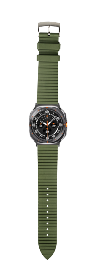 Men's smartwatch with army green FKM rubber strap and black dial with orange accents, extended view