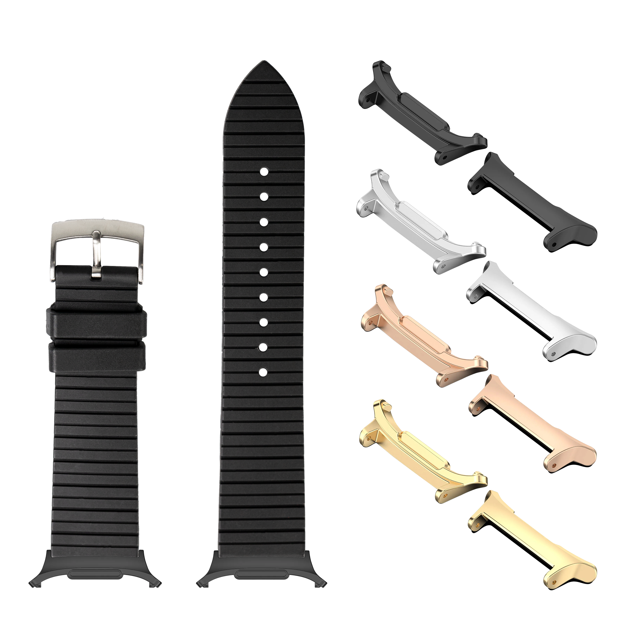 Black rubber watch band with white dot markers, interchangeable metal lugs in multiple finishes including black, silver, rose gold, and gold for Galaxy Watch 8 Ultra