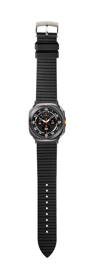 Black FKM rubber watch band with silver buckle and sport chronograph watch dial featuring orange accents