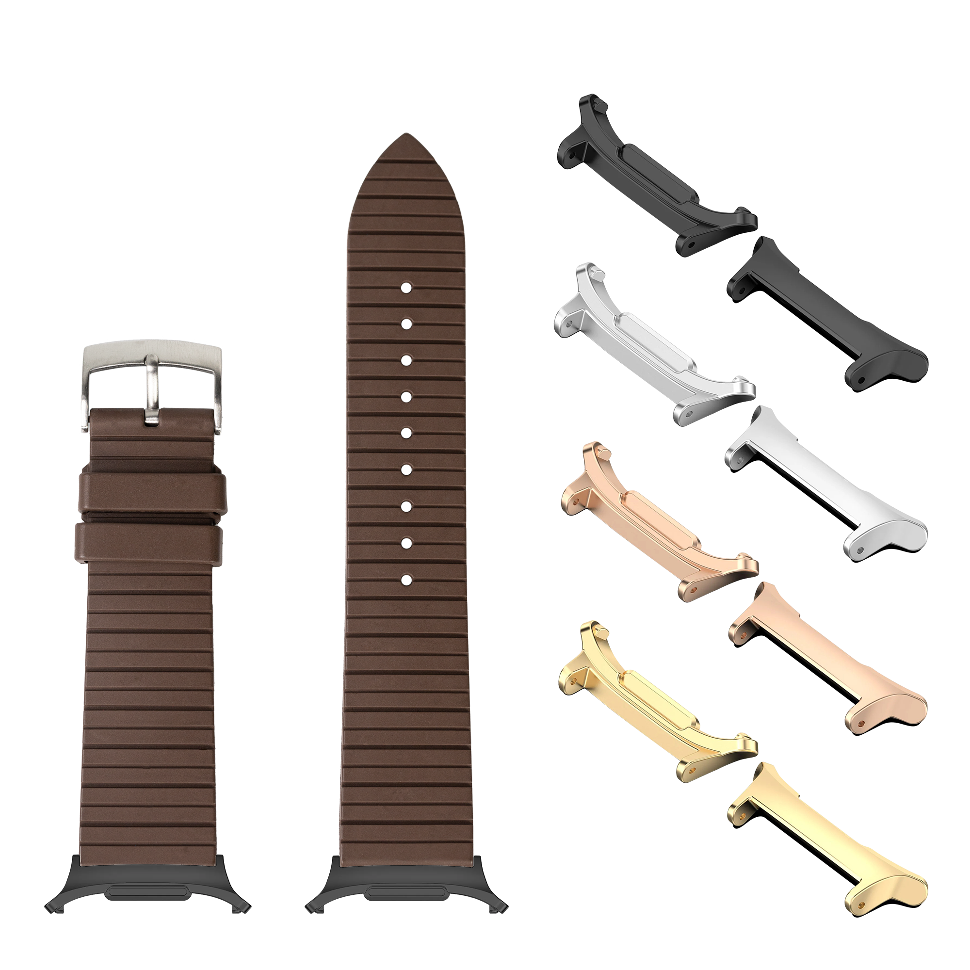 Brown FKM rubber smartwatch bands with interchangeable metal lugs in silver, black, rose gold and gold finishes