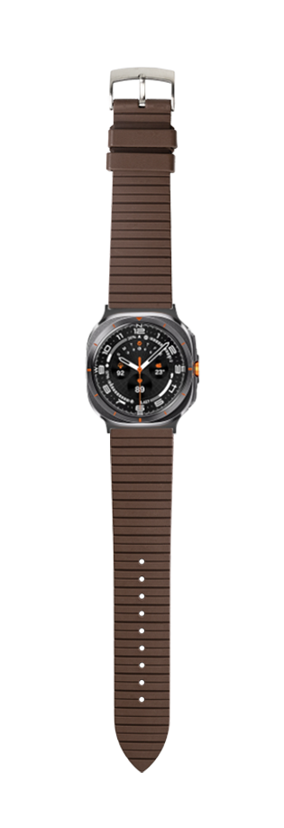 Men's sports watch with black dial, orange accents, and brown rubber strap with metal buckle