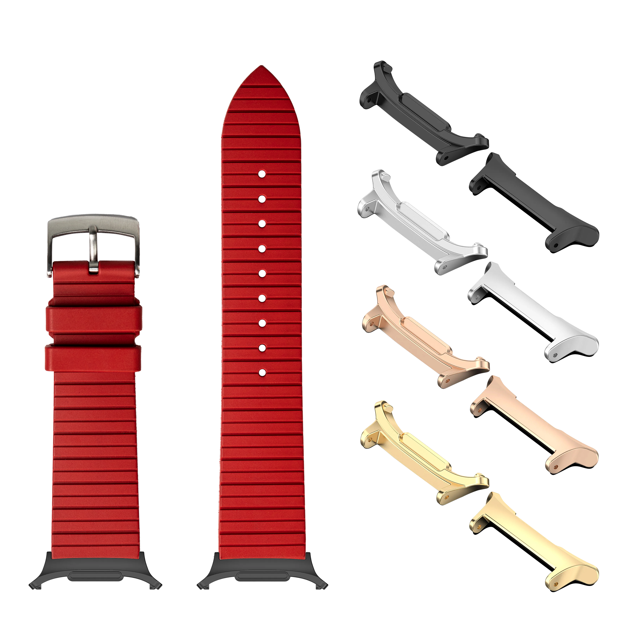 Red ribbed FKM rubber watch band with interchangeable metal lugs in multiple finishes for Galaxy Watch 8 Ultra