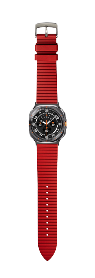 Red FKM rubber watch strap with gunmetal case watch featuring black dial and orange accents, adjustable fit