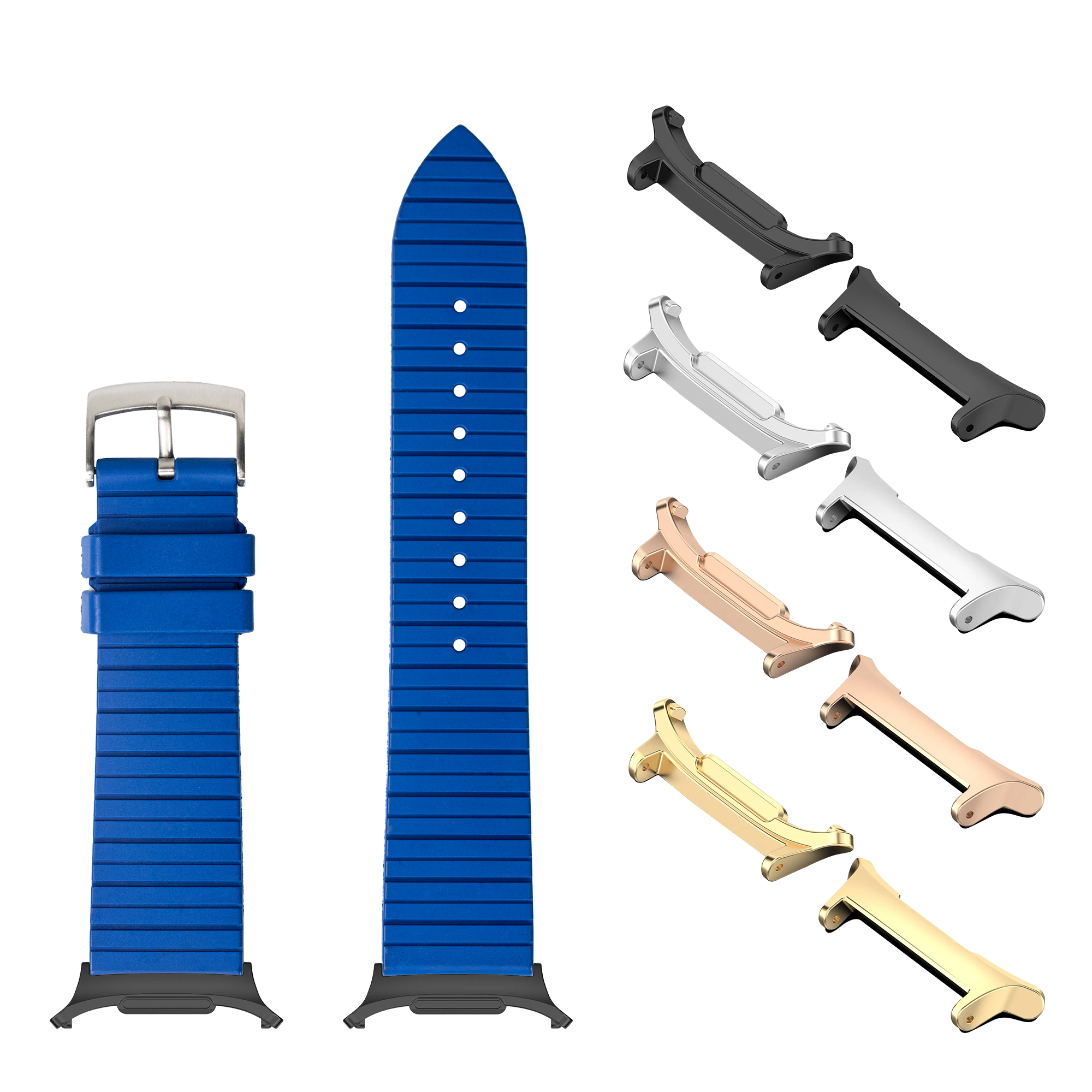 Blue rubber watch band with interchangeable lugs in multiple finishes including black, silver, rose gold, and gold