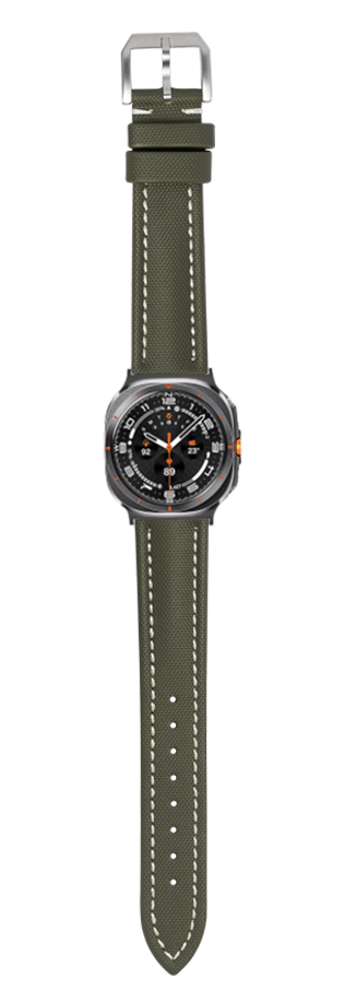 Galaxy Watch 8 Ultra smartwatch with army green sailcloth band and titanium case featuring black dial with orange accents