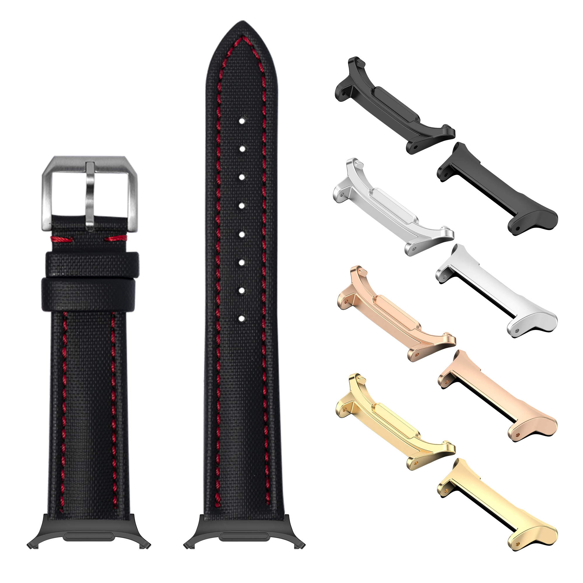 Black sailcloth watch band with red stitching, silver buckle, and interchangeable metal lugs in multiple finishes for Galaxy Watch
