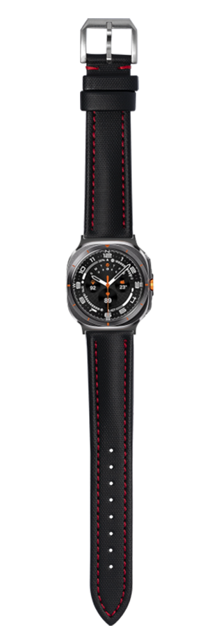 Black sailcloth watch strap with red stitching and silver buckle for Galaxy Watch 8 Ultra small medium size