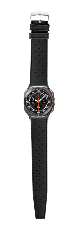 Black FKM rubber dive watch strap with perforated design and silver buckle for Galaxy Watch Ultra