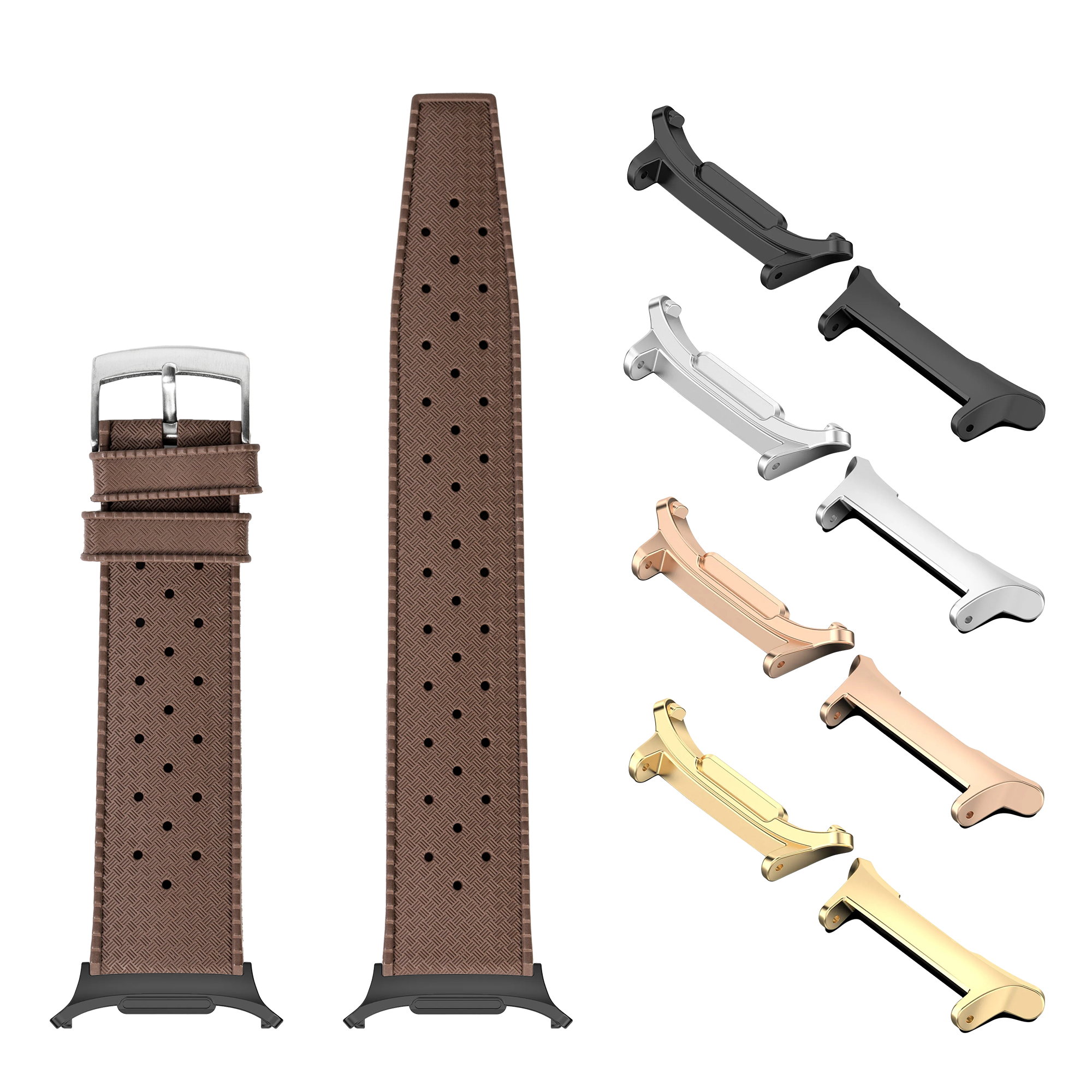 Brown FKM rubber watch band with perforated design, metal buckle, and interchangeable lugs in multiple finishes for Galaxy Watch 8 and Ultra